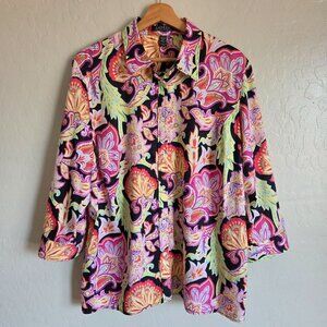 Ralph Lauren Colorful Paisley Button Up Cotton Top Pink/Multi Sz 2X Plus Artsy
